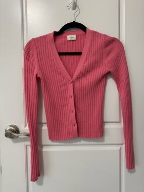 Aritzia Pink Ribbed V-Neck Button Cardigan